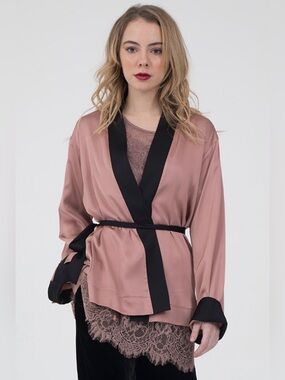 Satin Navy Blue Kimono Robe with Black Trim